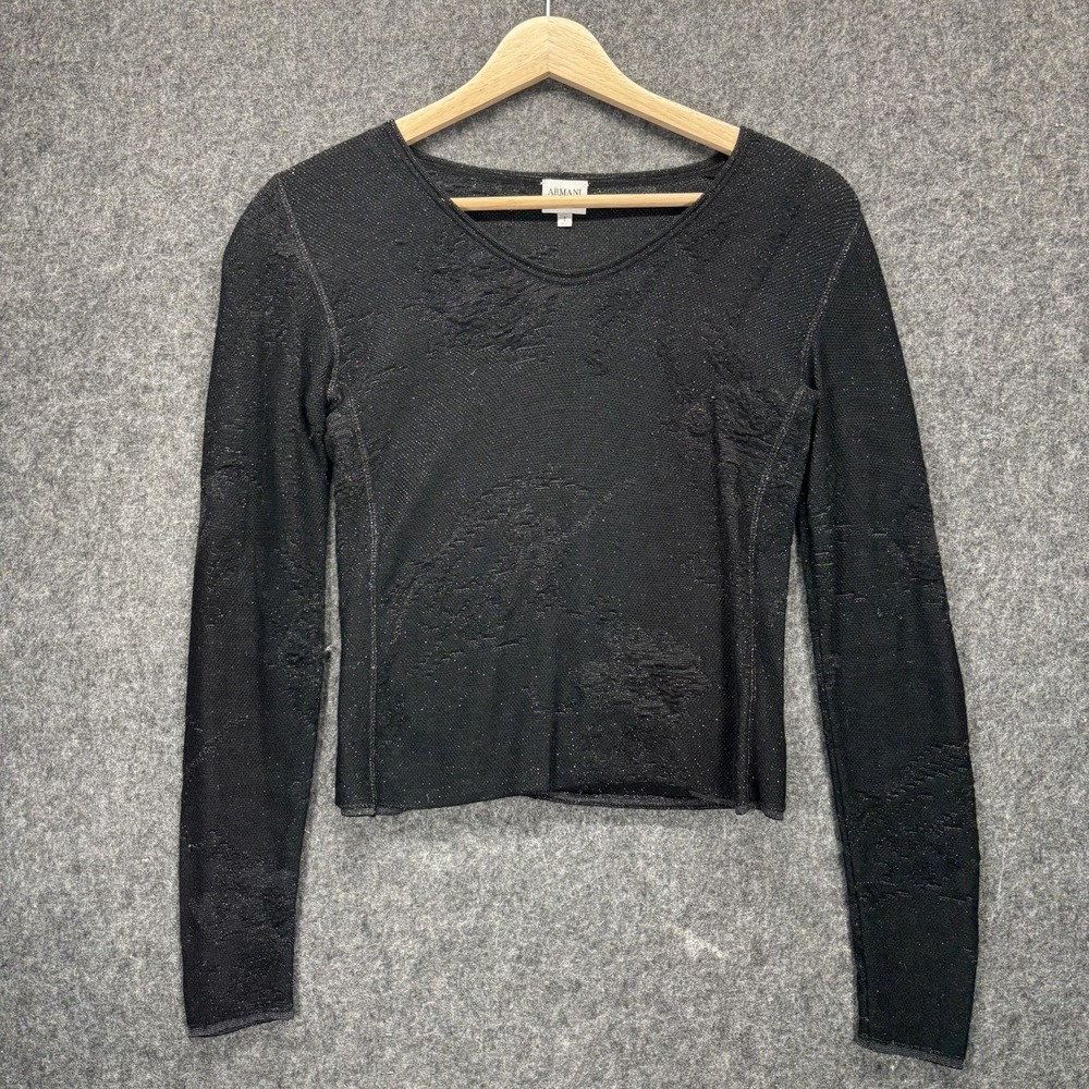 Armani Collezioni Long Sleeve Top Womens 2 Black Metallic Stretch Jacquard Italy